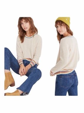 Madewell Rainbow Trim Tan Cashmere Waffle Sweatshirt Sweater